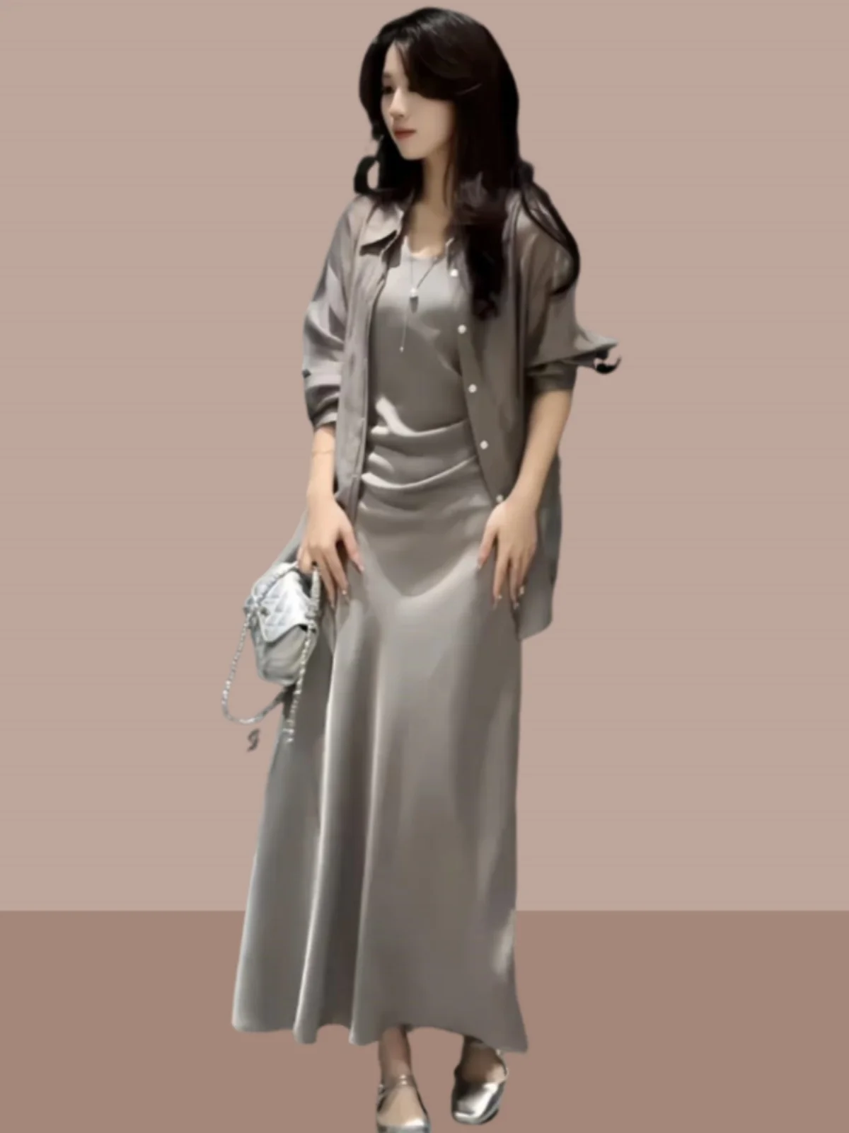 

Ele Beautiful Summer irt Set Women's Svel Dr Outerwear Sunscreen Chic Sle Long Sve Flip Collar Two-Piece ...