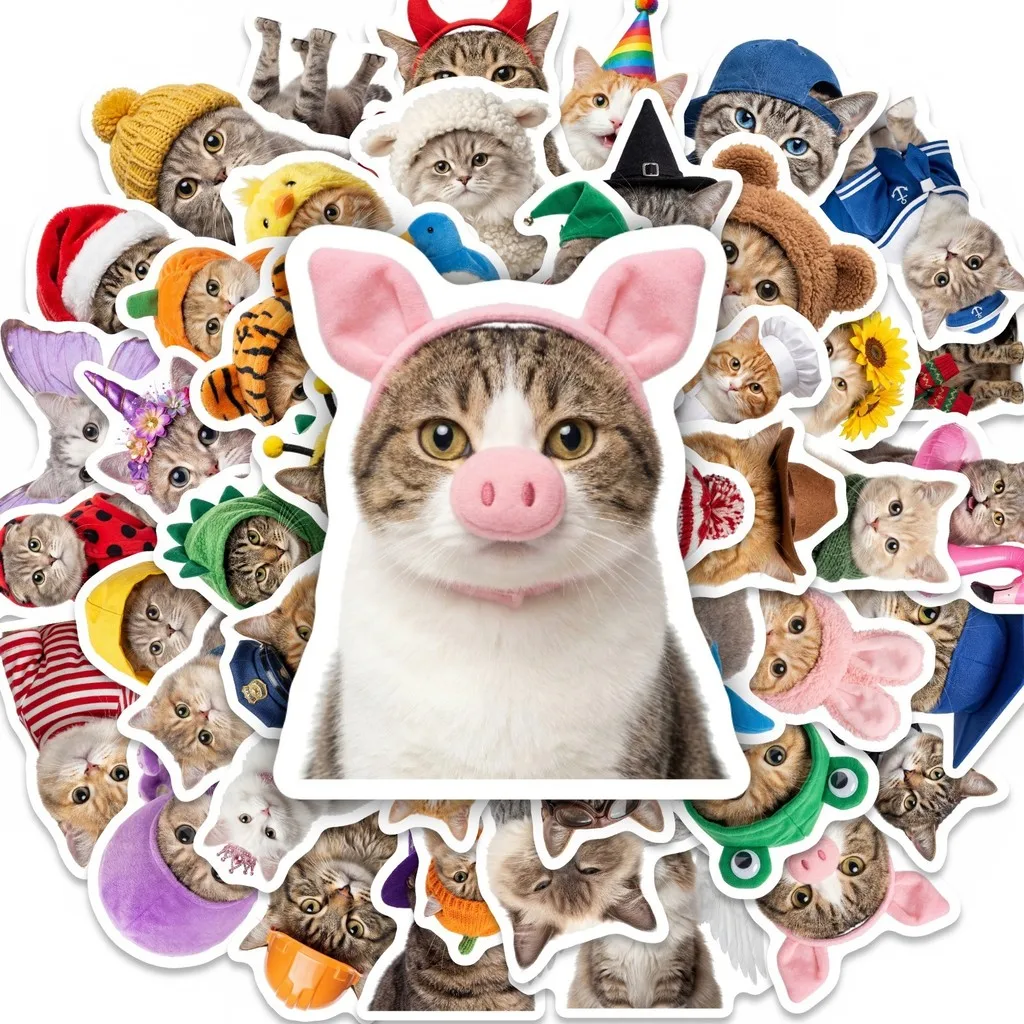 50Pcs Realistic Dress Up Cat Stickers Cute Funny Pet Waterproof Decals for Luggage Laptop Papery Pop Store