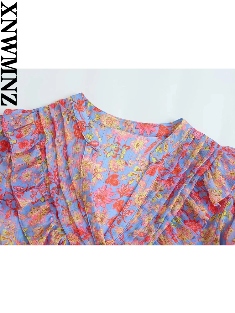 XNWMNZ 2023 Women Fashion Flower Print Shirt Vacation V-neck Long Sleeve Ruffle Front Button Top Female Chic Blouse