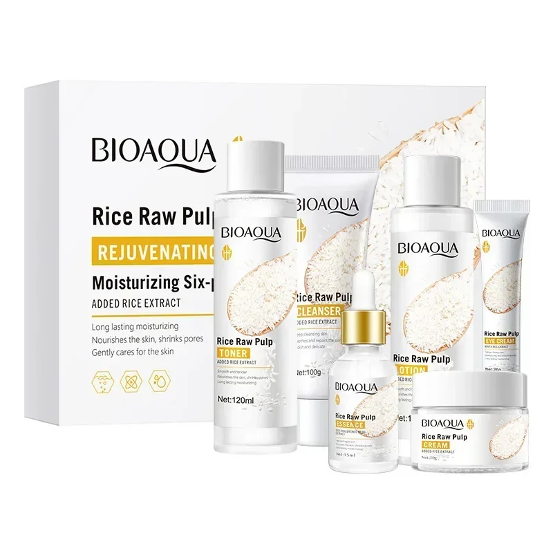 BIOAQUA 6 pièces/ensemble pâte de riz brute ensembles de soins de la peau crème pour le visage sérum hydratant Anti-rides nettoyant pour le visage Toner coréen soins du visage