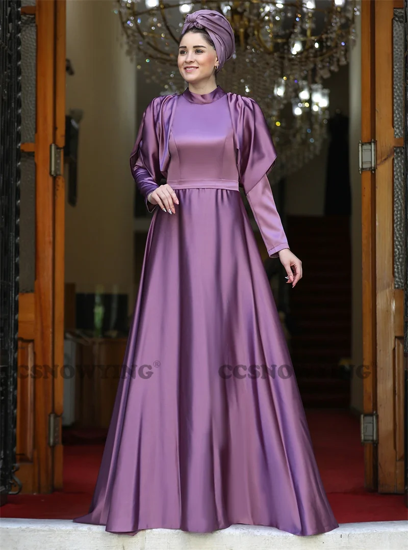 Robe De Soirée élégante en Satin, manches longues, Hijab, col haut, style musulman, arabe, dubaï, islamique