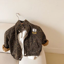 AYNIGIELL-Chaqueta informal de manga larga para niños, abrigo vaquero corto con estampado de leopardo coreano, primavera y otoño