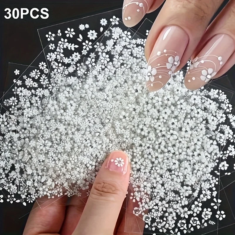 30枚入り ファンタジー春の花柄ネイルアートステッカー 低刺激性 自己粘着性 白い花柄デカール 透明ラインストーン付き