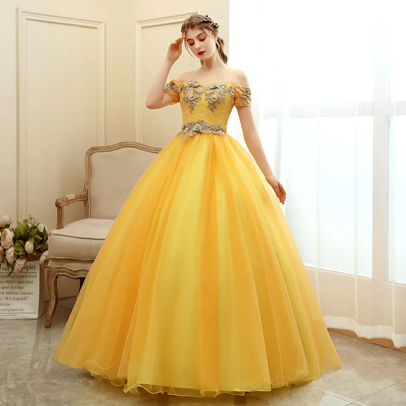 Tersedia Gaun Bola Gaun Quinceanera Korset Tulle Biru Kuning Gaun Putri Pernikahan & De 15 Anos Debutan Romantis Gaun Sweet 16