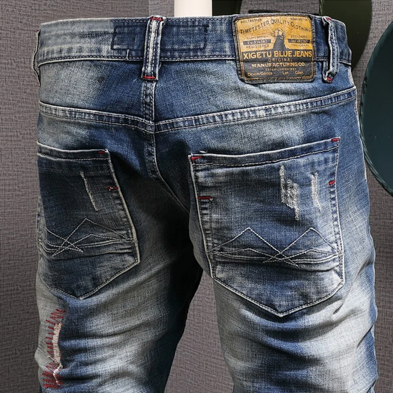Fashion Vintage Men Jeans Retro Blue Plain Washed Elastic Slim Ripped Jeans Men Trousers Embroidery Designer Denim Pants Hombre