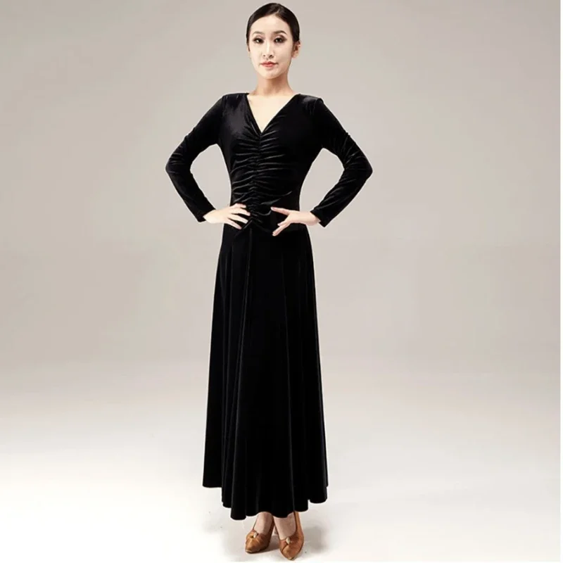 

V-Neck Long Sleeve Ballroom Dance Dress Velvet Waltz Tango Stage Performance Costumes Professional Dancewear