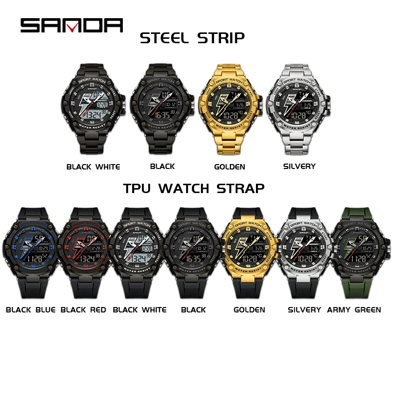 SANDA jam tangan pria Stopwatch kedap air jam tangan pria Chronograph Electron jam tangan olahraga luar ruangan Quartz tampilan ganda jam tangan Digital LED