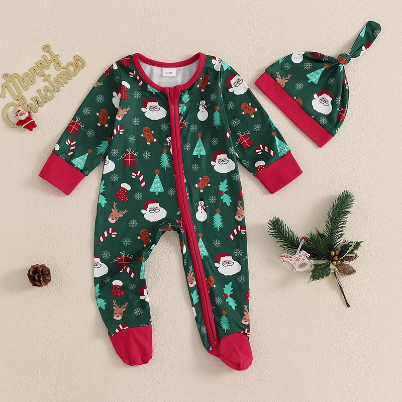 Suefunskry Baby Christmas Jumpsuit Zip Up Footies Round Neck Long Sleeve Christmas Elements Print Romper with Hat Outfits