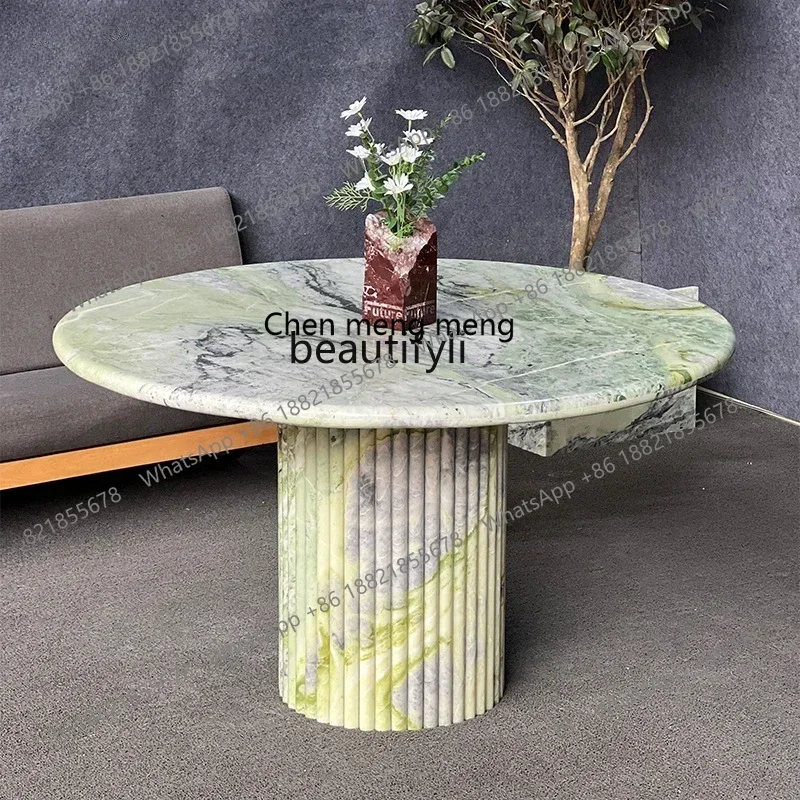 xx1Simple light luxury natural green marble round dining table home modern Roman column
