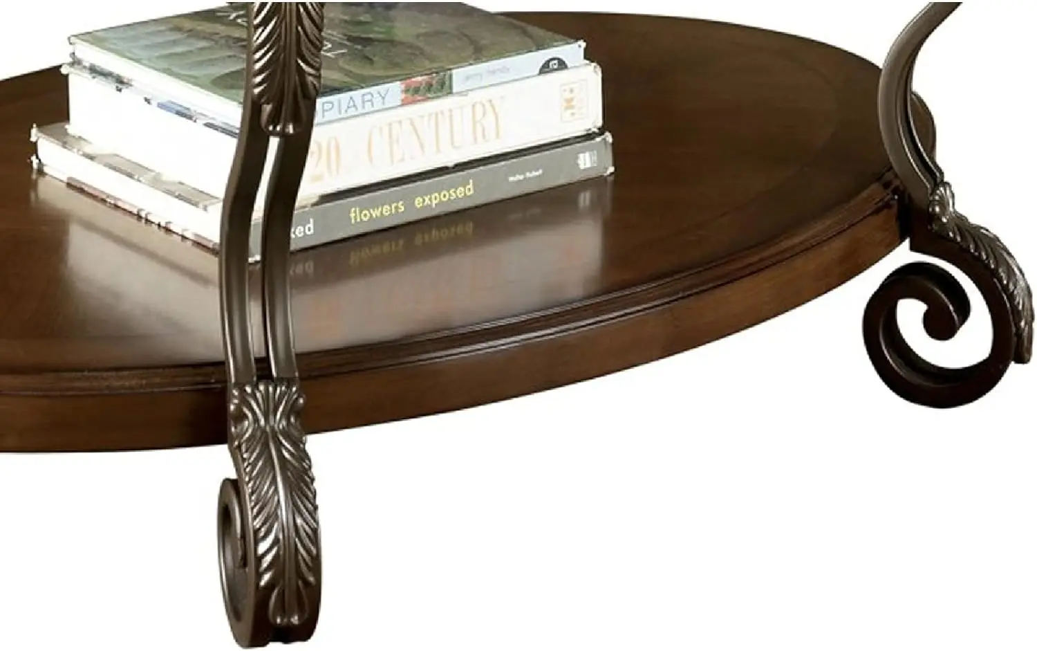 Rectangular Transitional Wooden Oval Cocktail Table with Glass Top and Open Bottom Shelf,Metal Legs with Carvings,Brown