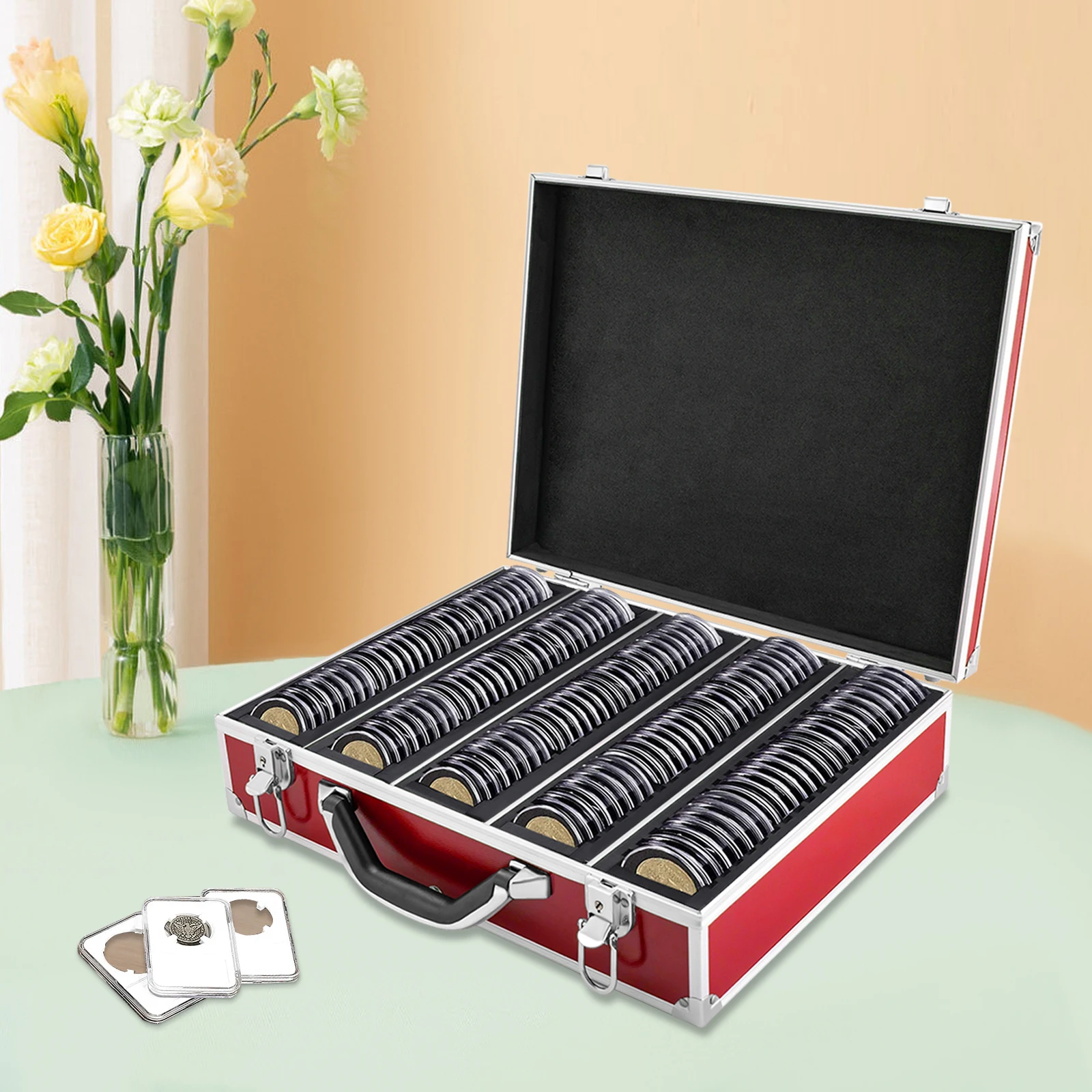 

Coin Holder, 5 Compartments, 100 Coins Capacity, Aluminum Alloy, With Lock, For Collectors, Easy To Carry, Red, Secure Latch