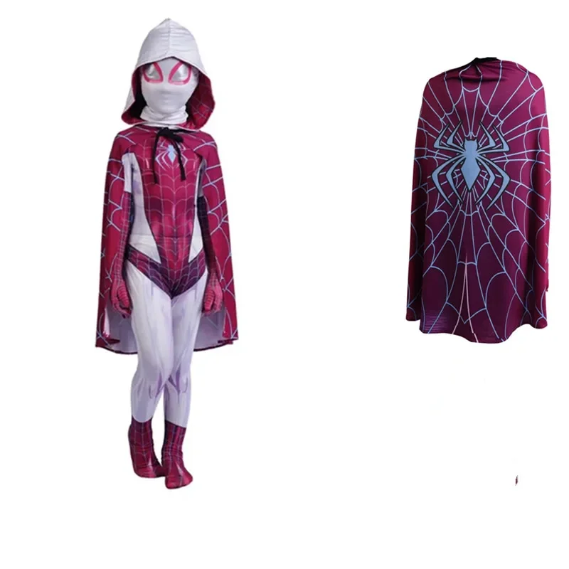 Spider man Gwen Stacy Cosplay Costumes Kids Girls Gwen Hoodies with Headgear CostumeBodysuit Halloween Clothes Outfits With Mask