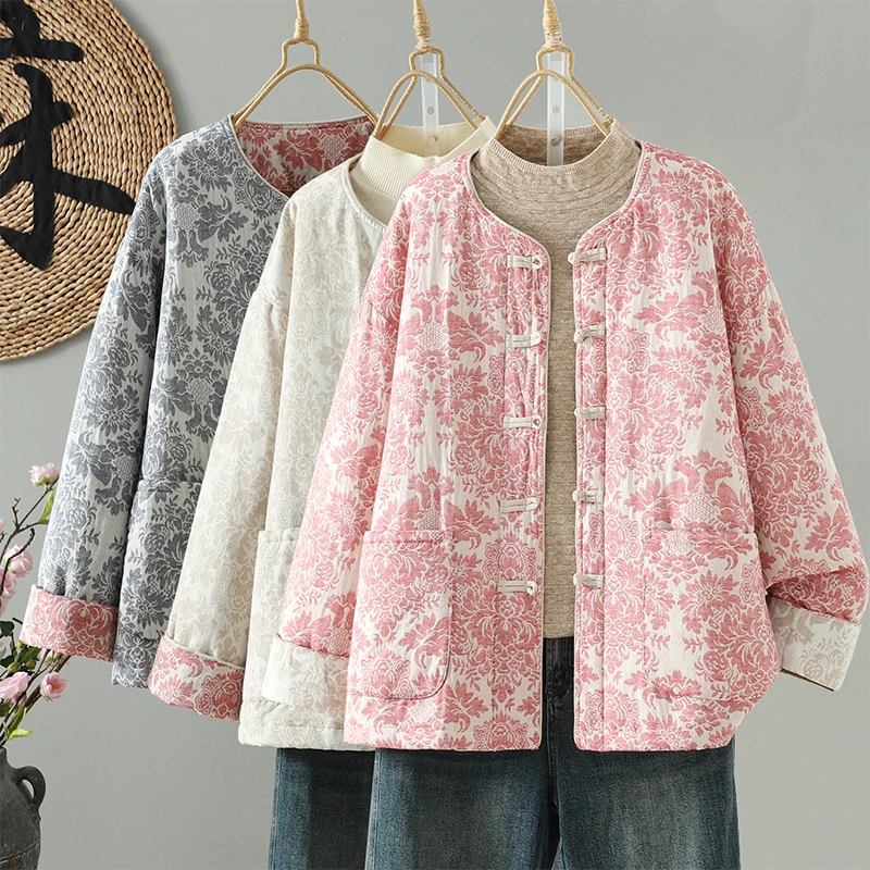 

Retro Stand Collar Patchwork Button Embroidered Linen Cotton Jaet Thiened Long Sve Commute Sle Winter Outerwear