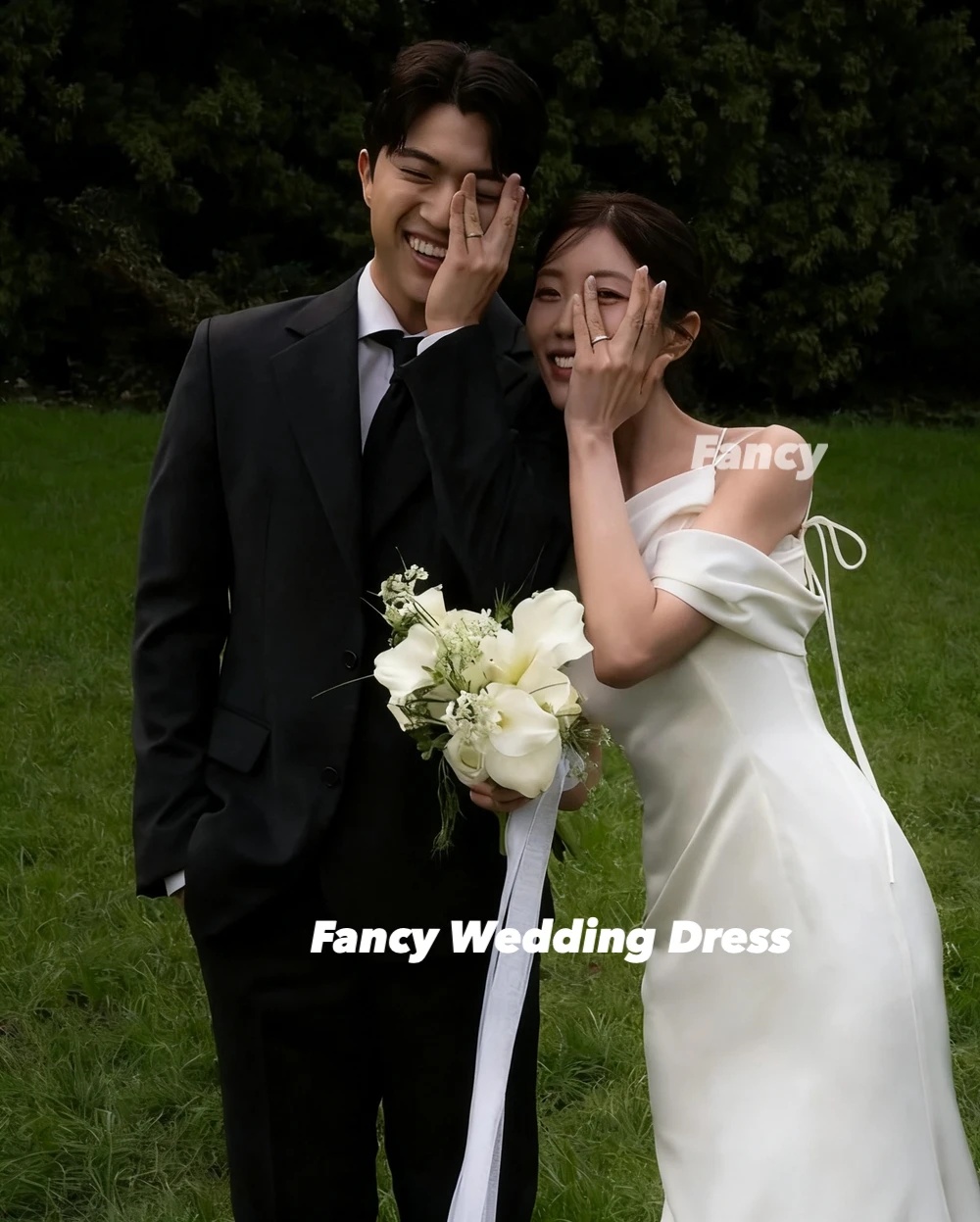 Fantaisie élégante une épaule corée robes de mariée personnalisé bretelles Spaghetti sirène robe de mariée crêpe séance photo robe de mariée