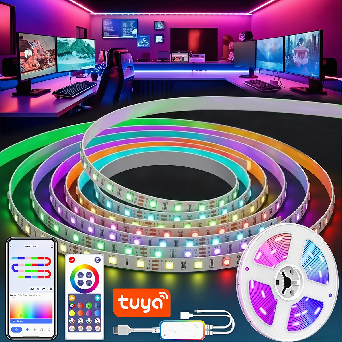Fita LED Inteligente 5050 de 1-5 Metros com Controle Remoto Tuya Wifi Alexa, RGBIC, 5V USB, Luz LED para Parede, Quarto, Lâmpada de Fita LED