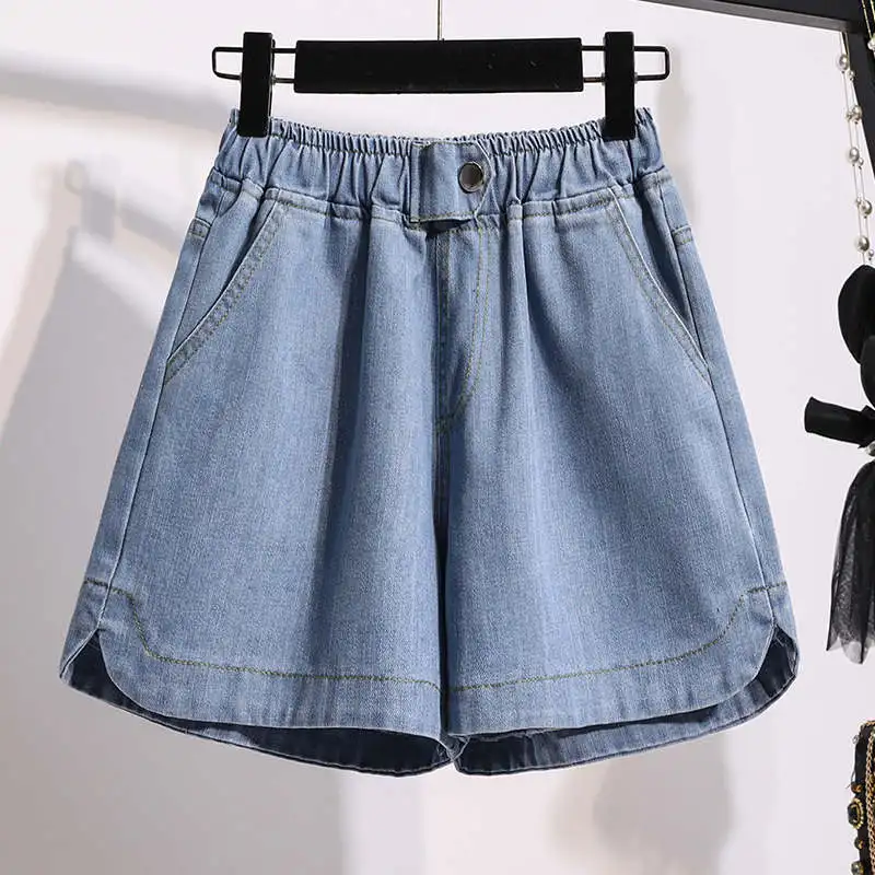 5XL Plus Size Light Blue Loose Denim Shorts Women Summer Elastic High Waist Shorts Jeans Feminino Casual Wide Leg Hotpants C7049