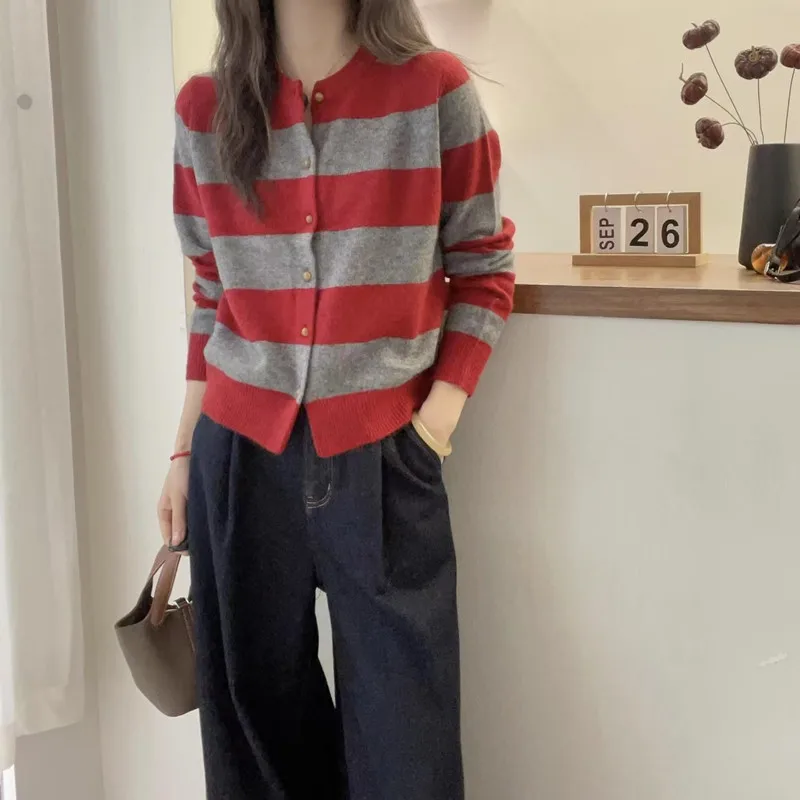 

100% Pure Wool Knit Cardigan Women's Round Neck Stripe Loose Coat 2025 Autumn/Winter New Korean Cashmere Sweater Jacket Female