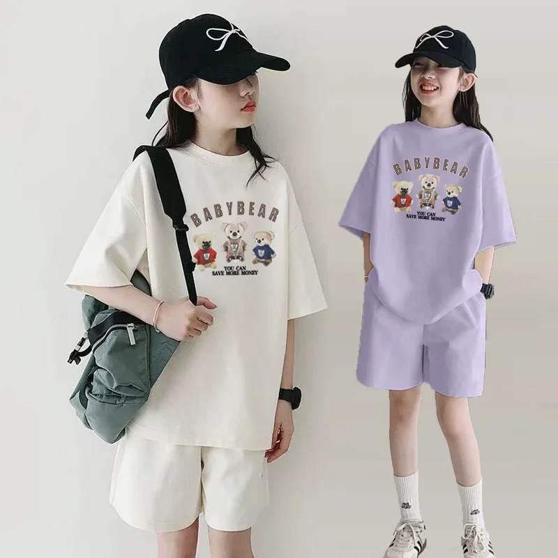 2026 SUMMER Children Set Girls Clothes Sport Tracksuit Teenager Bear Letter T-Shirt + Shorts Hot Pant 4 5 7 8 9 10 11 12 Years
