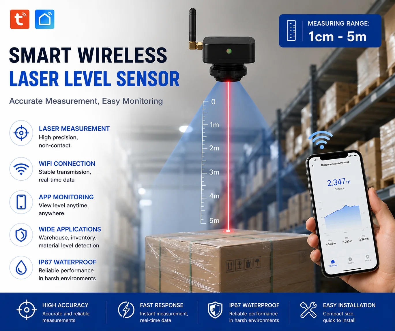 Industrial WiFi Laser Distance Sensor,Non‑Contact Level Measurement for Tank,Silo & Water Storage Monitoring