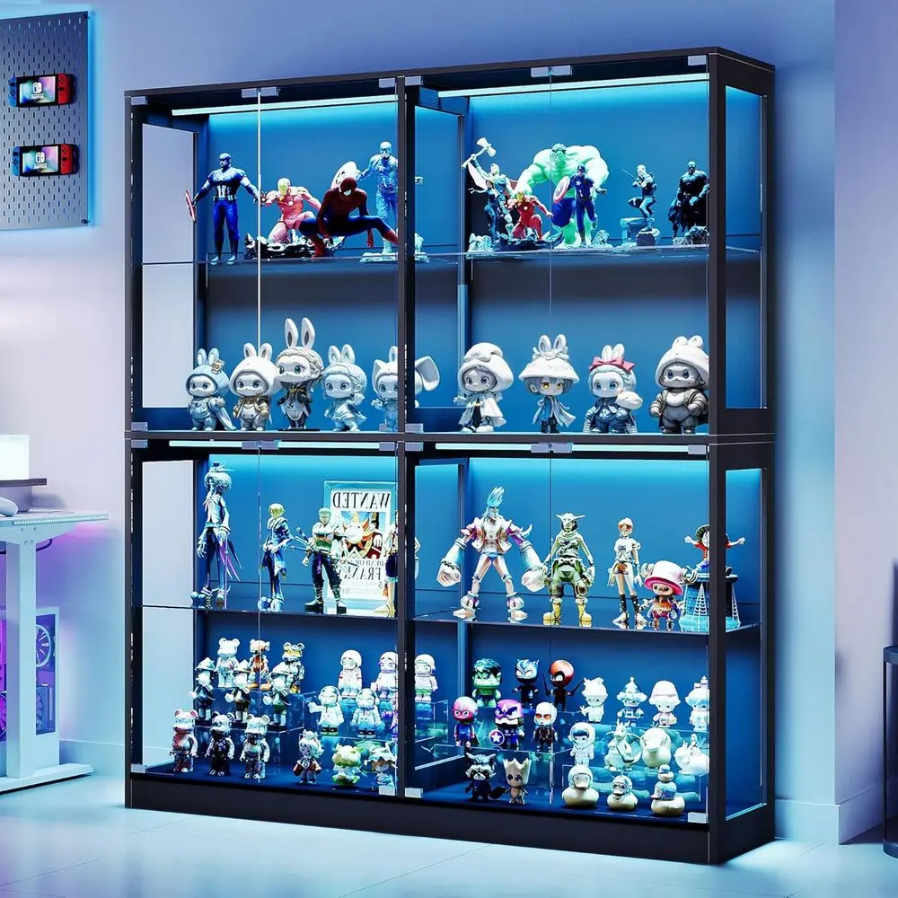 4-Tier LED-Lit Glass Shelf Cabinet for Displaying Collectibles, Black, 70H×60L×16D