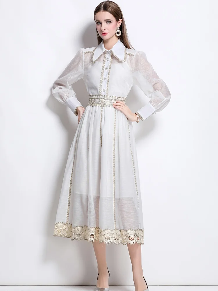 

High End Temperament Elegant Slim Versatile Lace Long Sleeved Shirt Two-Piece Set Women's High Waist Big Swing Long Skirt Suits