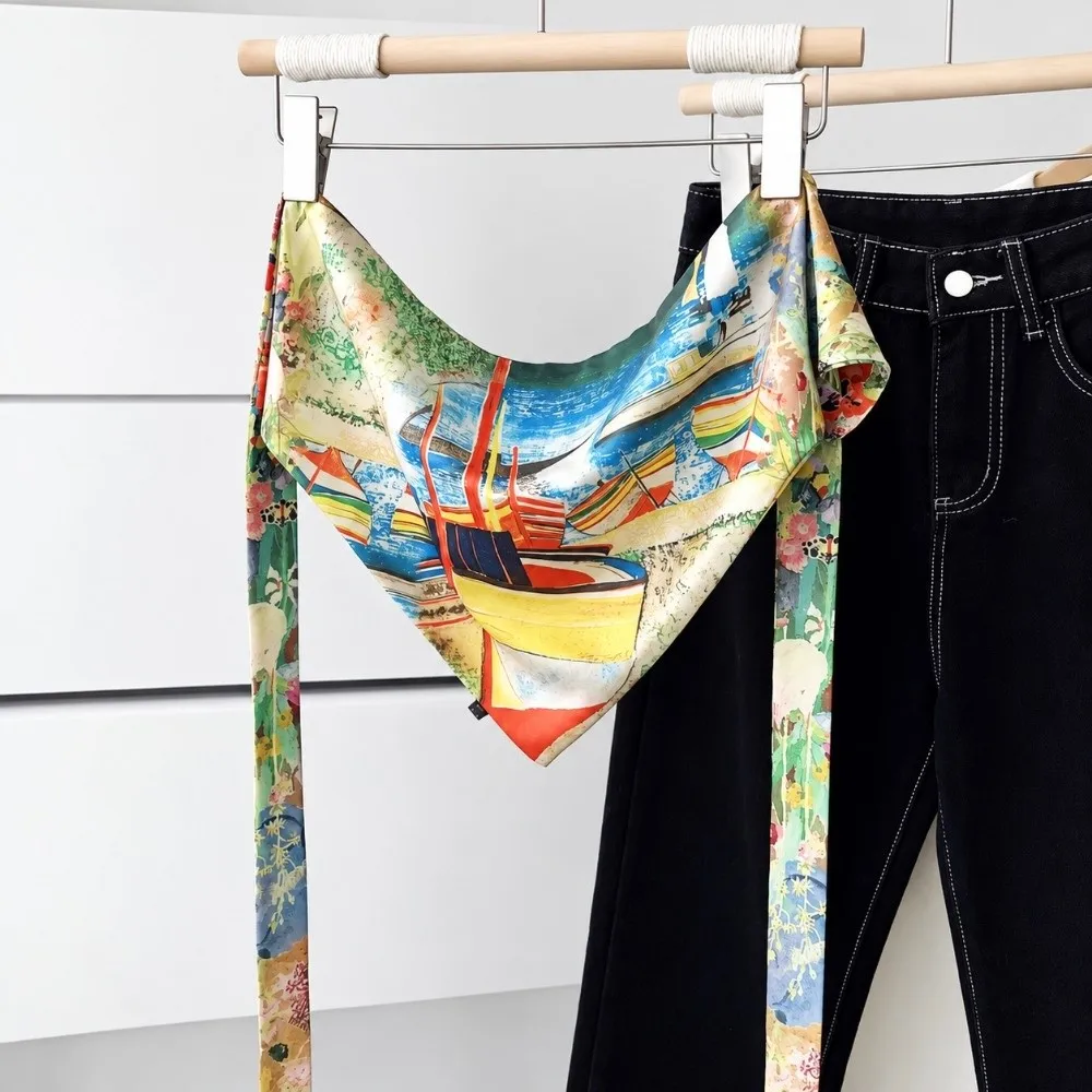 Landscape Print Irregular Scarf Belt Satin Self Tie Bow Waist Sash Scarf Unisex Multifunctional Printed Scarf Belt For Women