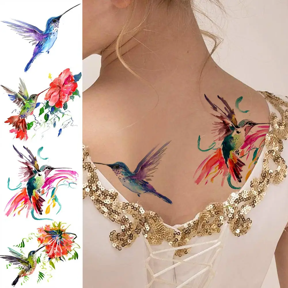 15 Sheets Watercolor Hummingbird Temporary Tattoos For Women Girl Small Flash Fake Flower Face Tatoos Kids Tiny Hands Waterproof