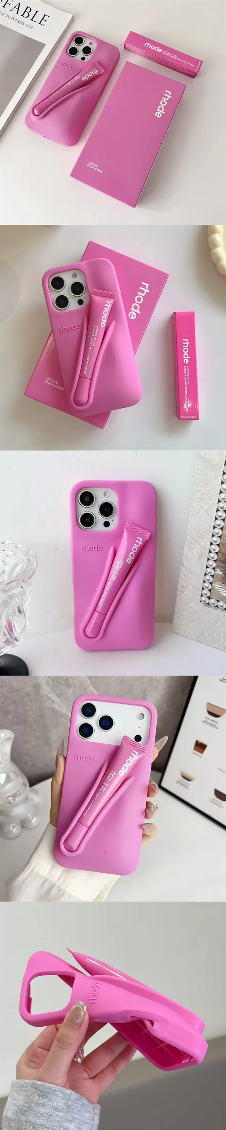 Hot‑Sell Rhode Lipstick Holder Cover w/ Box for iPhone 11‑17 Pro Max Air, Shock‑Proof Stylish Silicone Girls Makeup Accessory