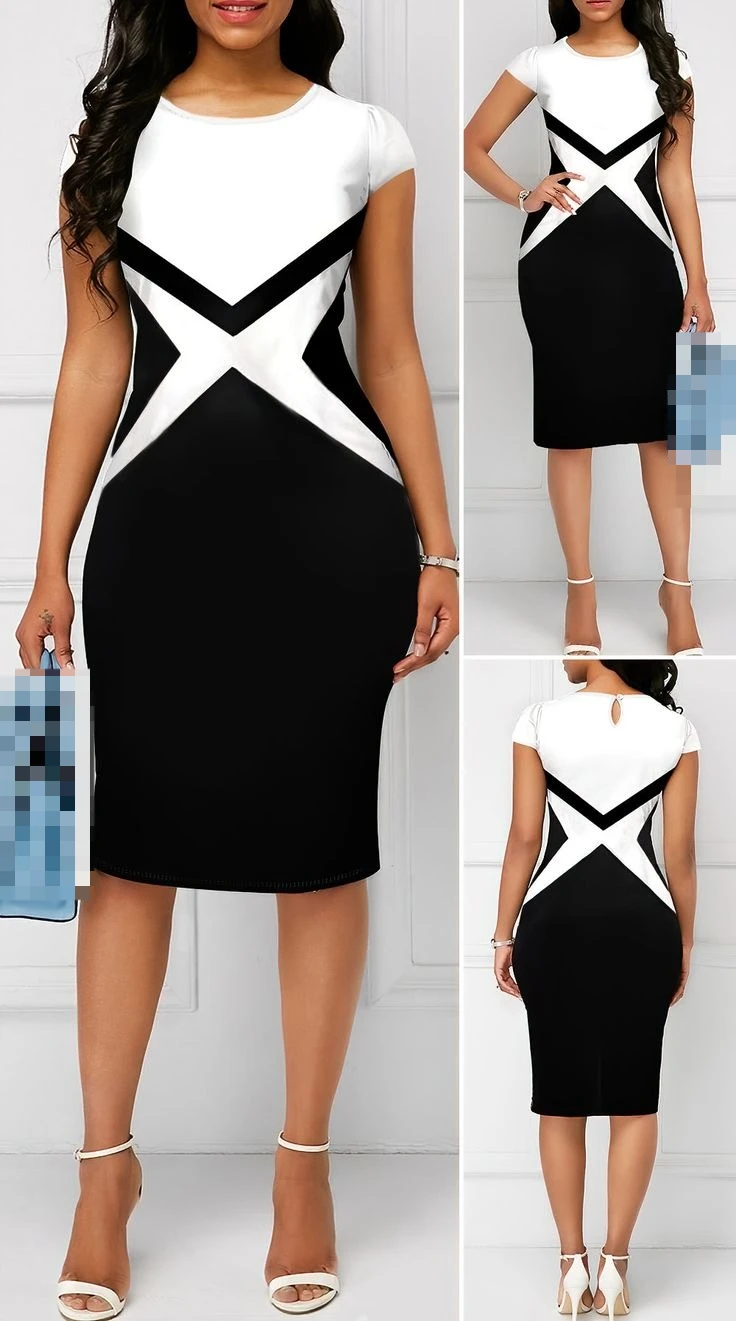 Customized Black White Color Block Midi Pencil Dress Short Sleeve Round Neck X‑Shape Patchwork Bodycon Office Church Party Dress