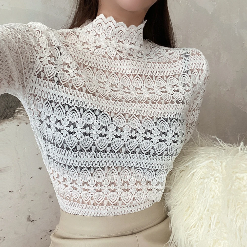 Women Long Sleeve Hollow Lace T-shirts Solid Color Turtleneck Sexy Transparent Top Thin Bottoming Shirt S-2XL Blouses Female