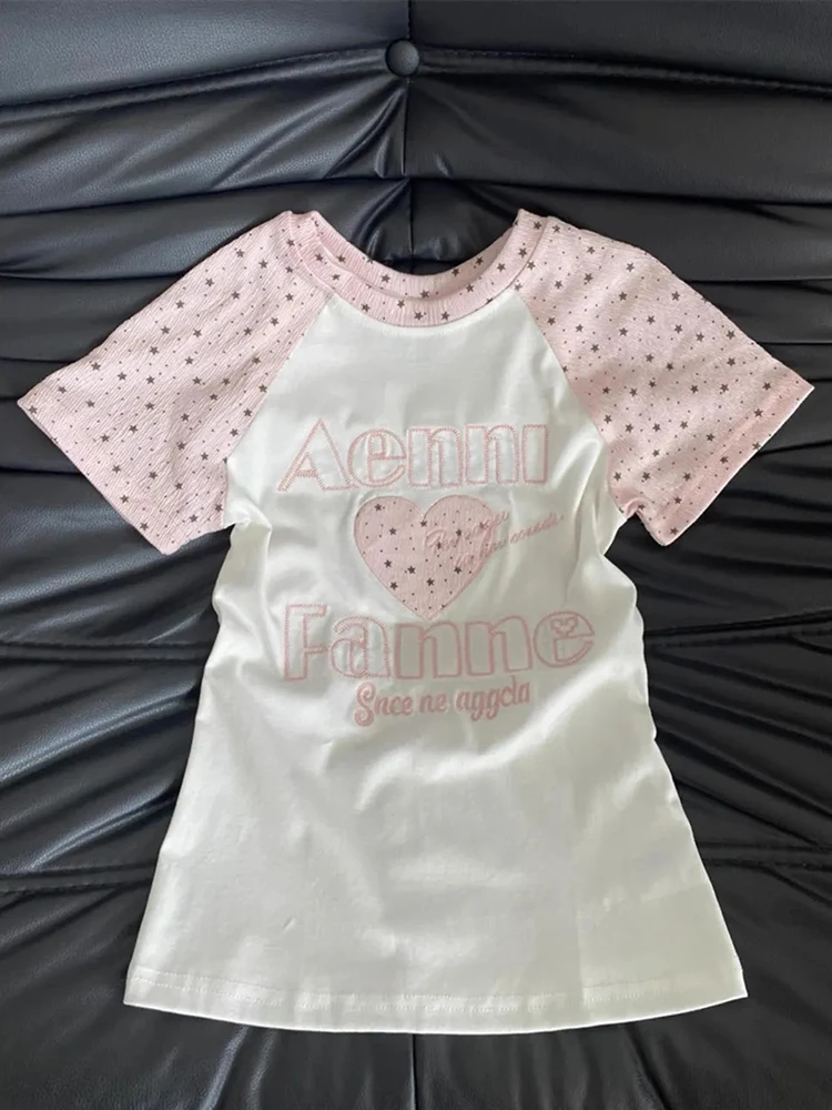 Liebevolles Print-T-Shirt für Damen, Modisches Buchstaben-Design, Kurzarm, Slim Fit, Kawaii Tees, Sommer O-Ausschnitt, Preppy-Stil, Lässige Japanische Oberteile