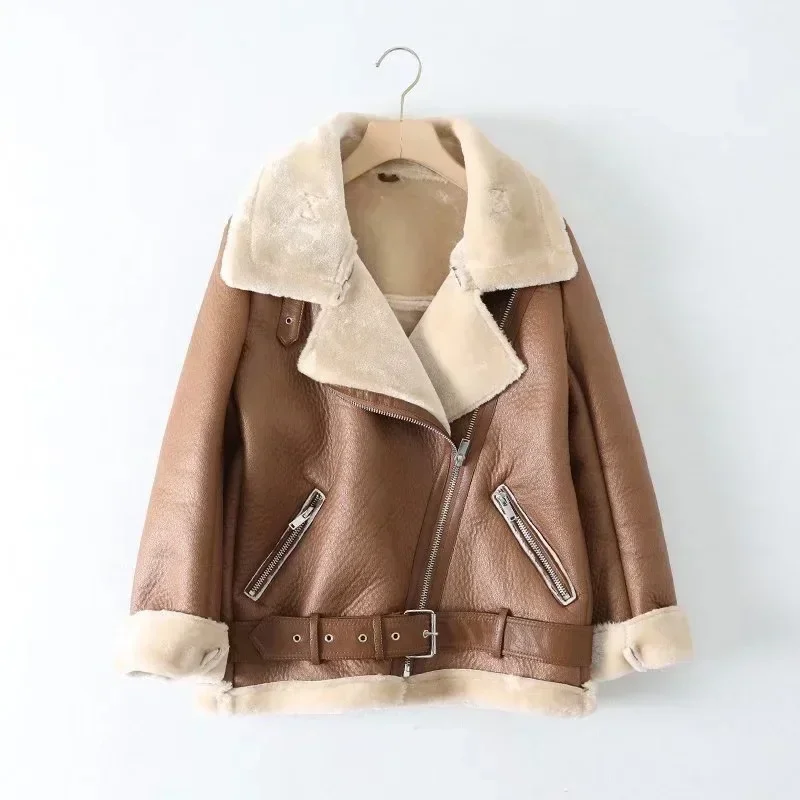 Winter Women Biker Motorcycle Jacket Girls Thick Warm Faux Fur Coat Ladies Velvet Faux Leather Jackets Brown Bomber Jacket Retro