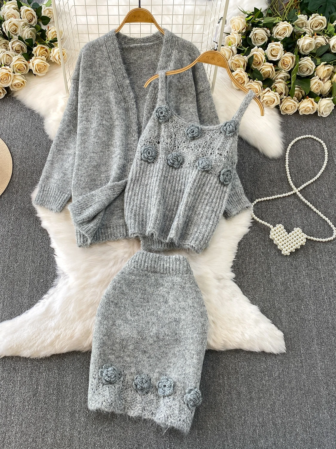 

Осенне-зимний вязаный открытый кардиган Jaet для похудения с цветочным принтом, комплект из 3 предметов, мягкая уютная юбка V-Ne Long Sve с высокой талией