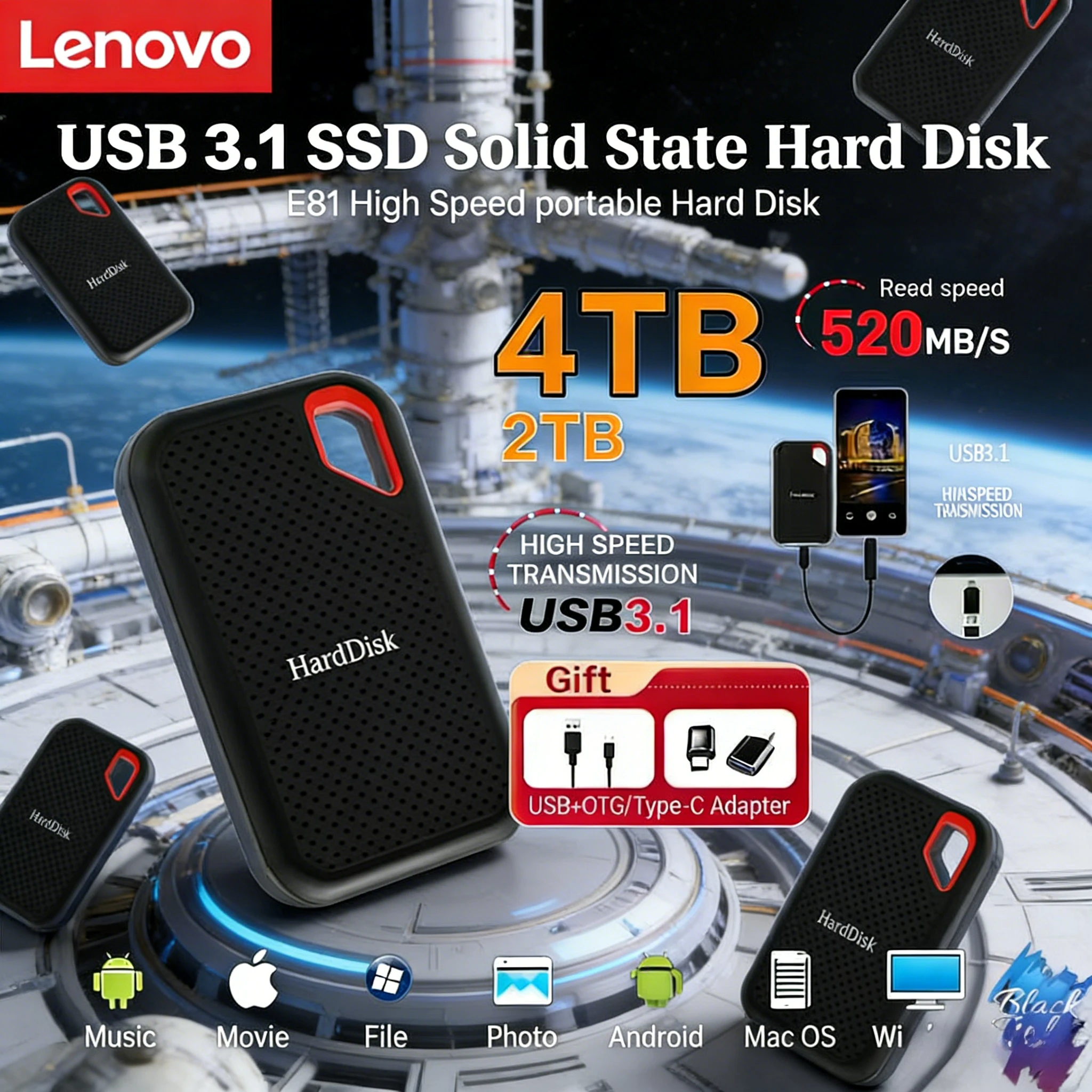 Lenovo SSD  E61 Portable USB 3.1 High-Speed  External Hard Drive for Laptop/Desktop/Phone Flash Memory Disk