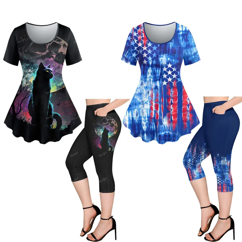 Plus Size Short Sleeves T-shirt And Pockets Capri Leggings Printed Outfit For Women Summer Top Or Midi Skinny Pants 6X