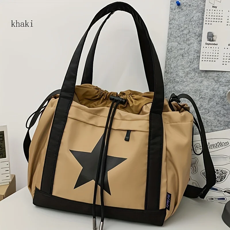 1pcs Crossbody Shoulder Bag Nylon Black White Star Drawstring Large Capacity Gym Travel Duffle Handbag
