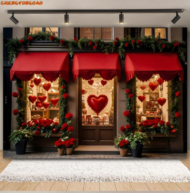 

Valentine's Day Photography Backdrop Romantic Valentine Red Love Heart Brick Wall Flower Wedding Party Photo Background Decor