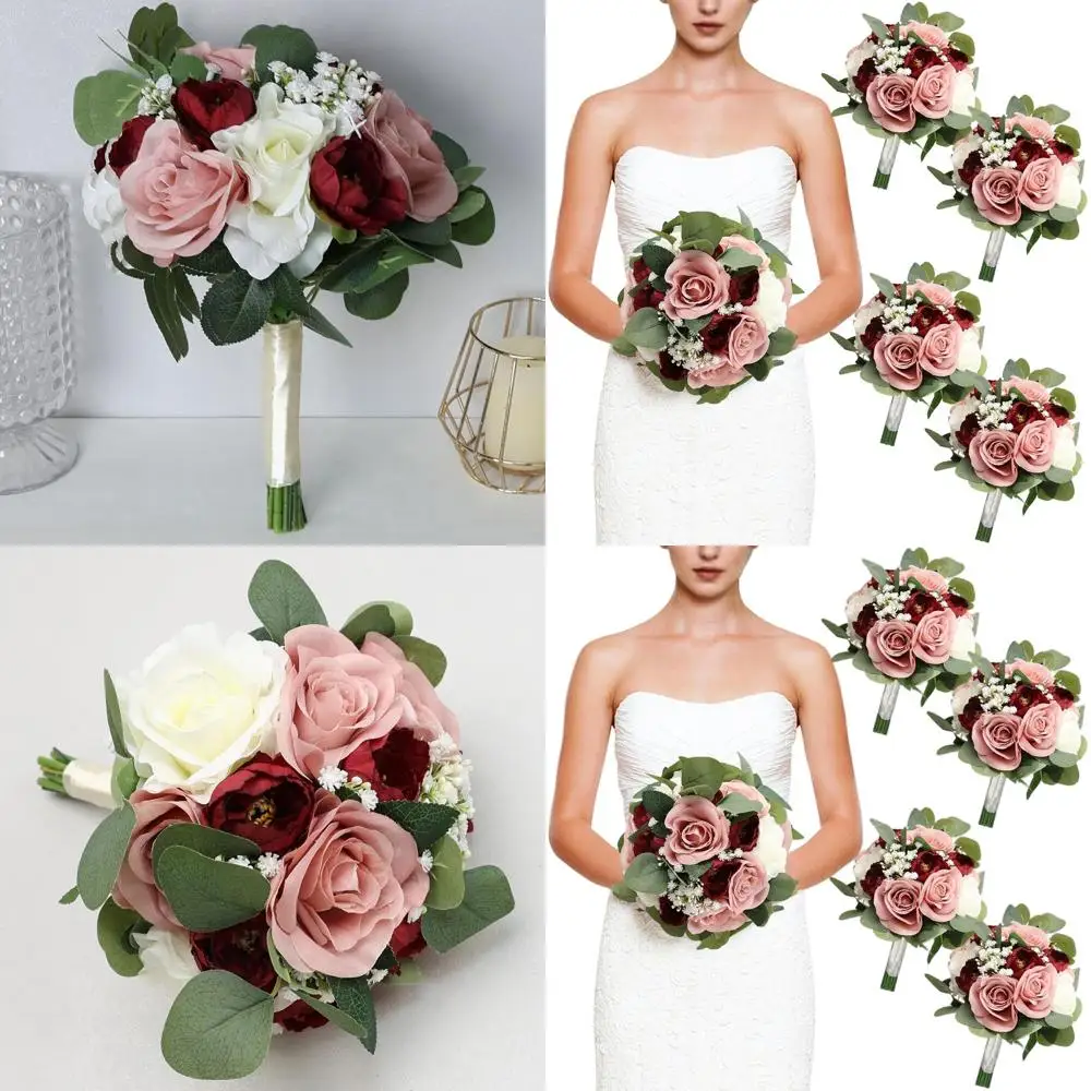 

4-piece Set of 11 Dusty Pink & Burgundy Artificial Bridesmaid Bouquets for Weddings & Showers