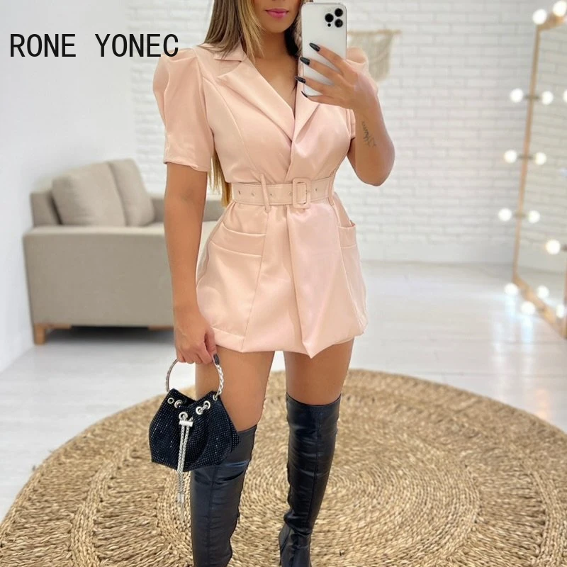 Women Elegant Notched Collar Solid Short Puff Sleeves with Belts Formal Working Blazer Dresses