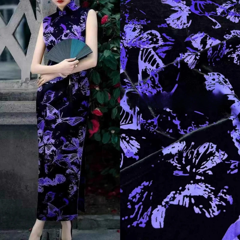 Blue Purple Butterfly Silk Burnout Velvet Fabric Flocked Floral 3D Textured New Chinese Style for Qipao Dress Skirt DIY Sewing