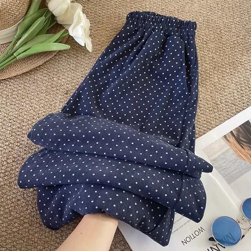 ¡Novedad de 2026! Pantalones de pana de lunares para mujer, pantalón informal de pierna ancha azul marino, ajuste cómodo elástico fino para primavera y otoño W20