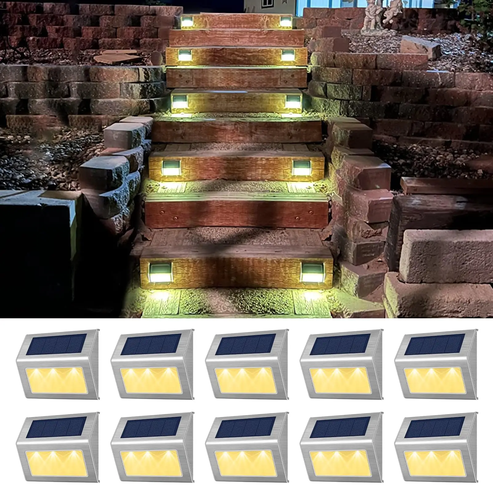 10 Pack Solar Deck Lights Stainless Steel LED Solar Stair Light Waterproof Outdoor Security Lamps for Step Stairs Pathway