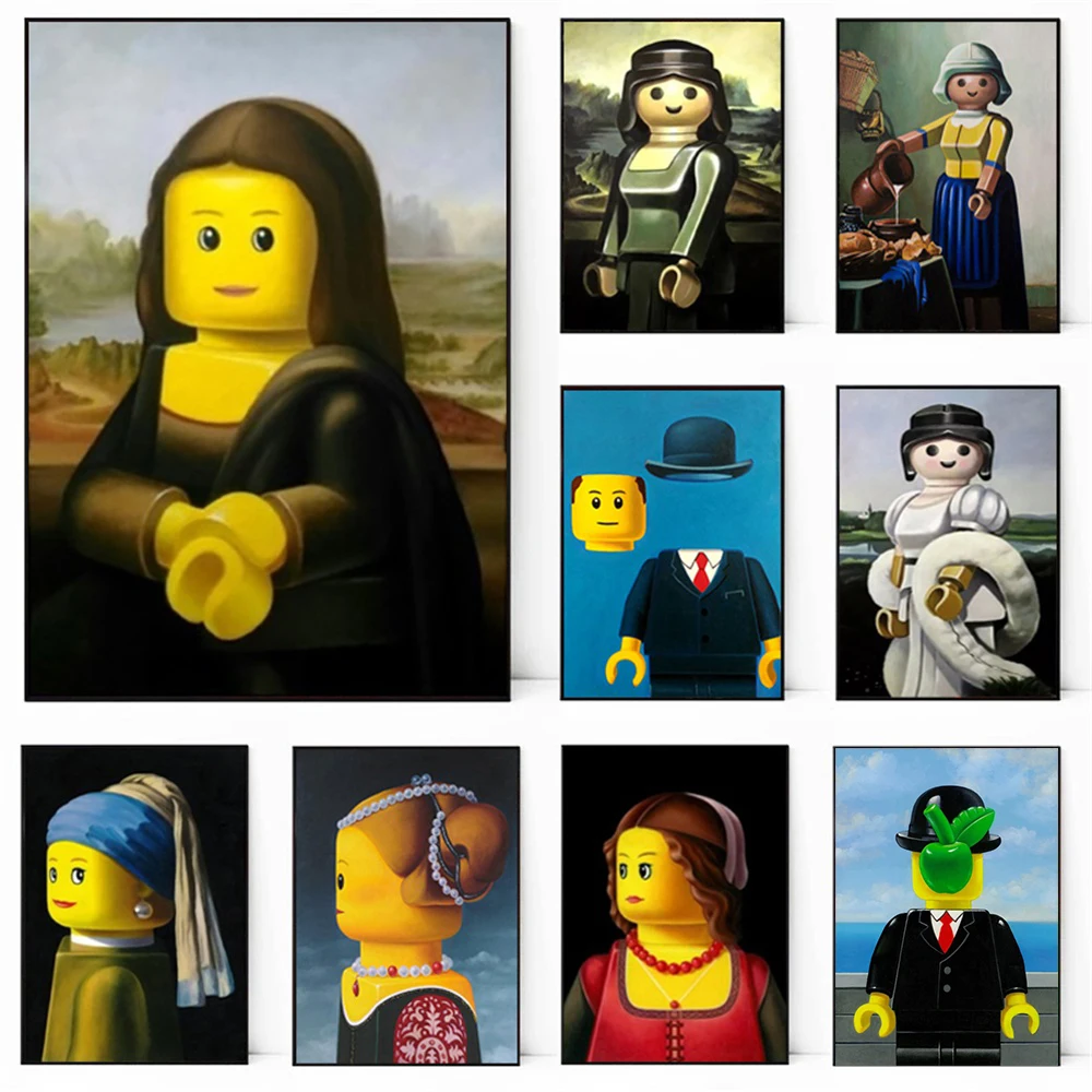 Abstrakcyjna zabawna Mona Lisa Legos plakat i druki kreskówka słynny obraz na płótnie dekoracja ścienna do pokoju dziecięcego