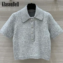 9.2 KlasonBell Women's Fashion Crystal Lapel Short Sleeve Knitwear Diamonds Button Decoration Temperament Sweet Style Sweater