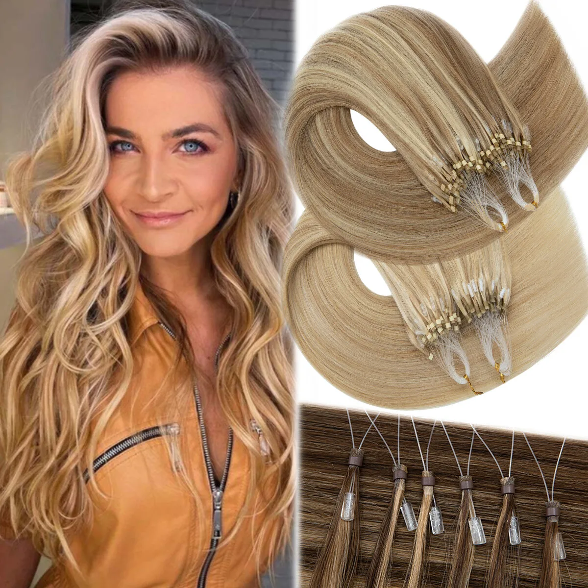 

Straight 100% Human Hair Micro Loop Ring Extensions Hair Weft Pre-looped Tips With Rings Multiple Colors 1B/2/4/613 Available