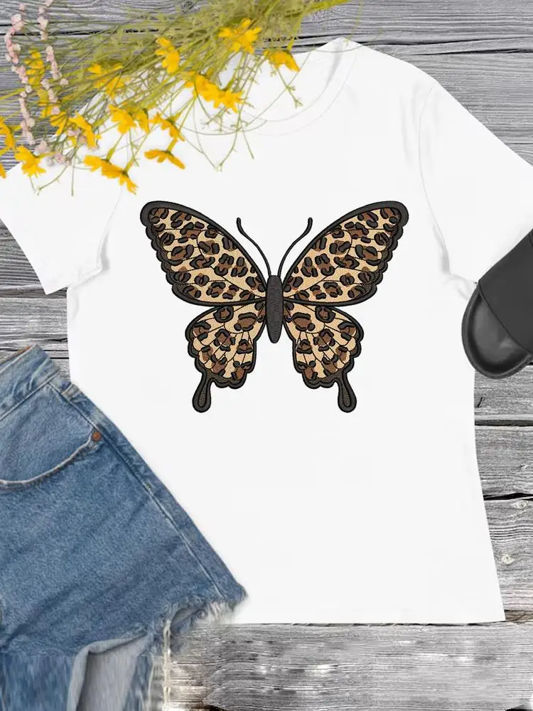 Leopard Butterfly z krótkim rękawem T O-neck T-shirt z nadrukiem ubrania damskie w stylu Casual, z nadrukiem modny top Tee kobiety odzież damska