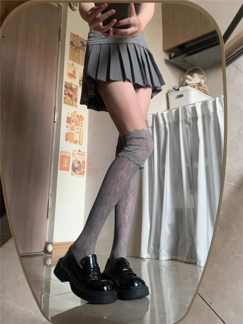 Lolita Sweet Lace-edge Fishnet Stockings Women Sexy Floral Pattern Nylon Mesh Thigh High Stocking JK Japanese Cos Overknee Socks image 6