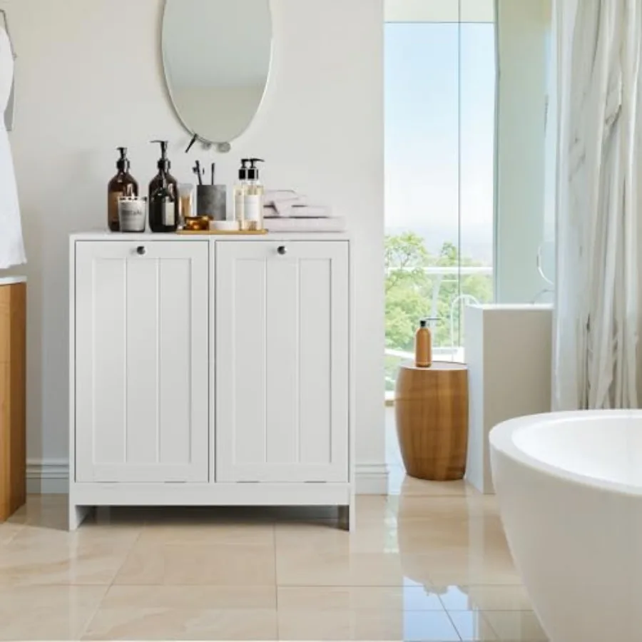 

Double Tilt-Out Laundry Hamper Cabinet, White, Waterproof MDF, Minimalist, 25.98x12.99x26.81 in, 2 Tilting Baskets with Open To