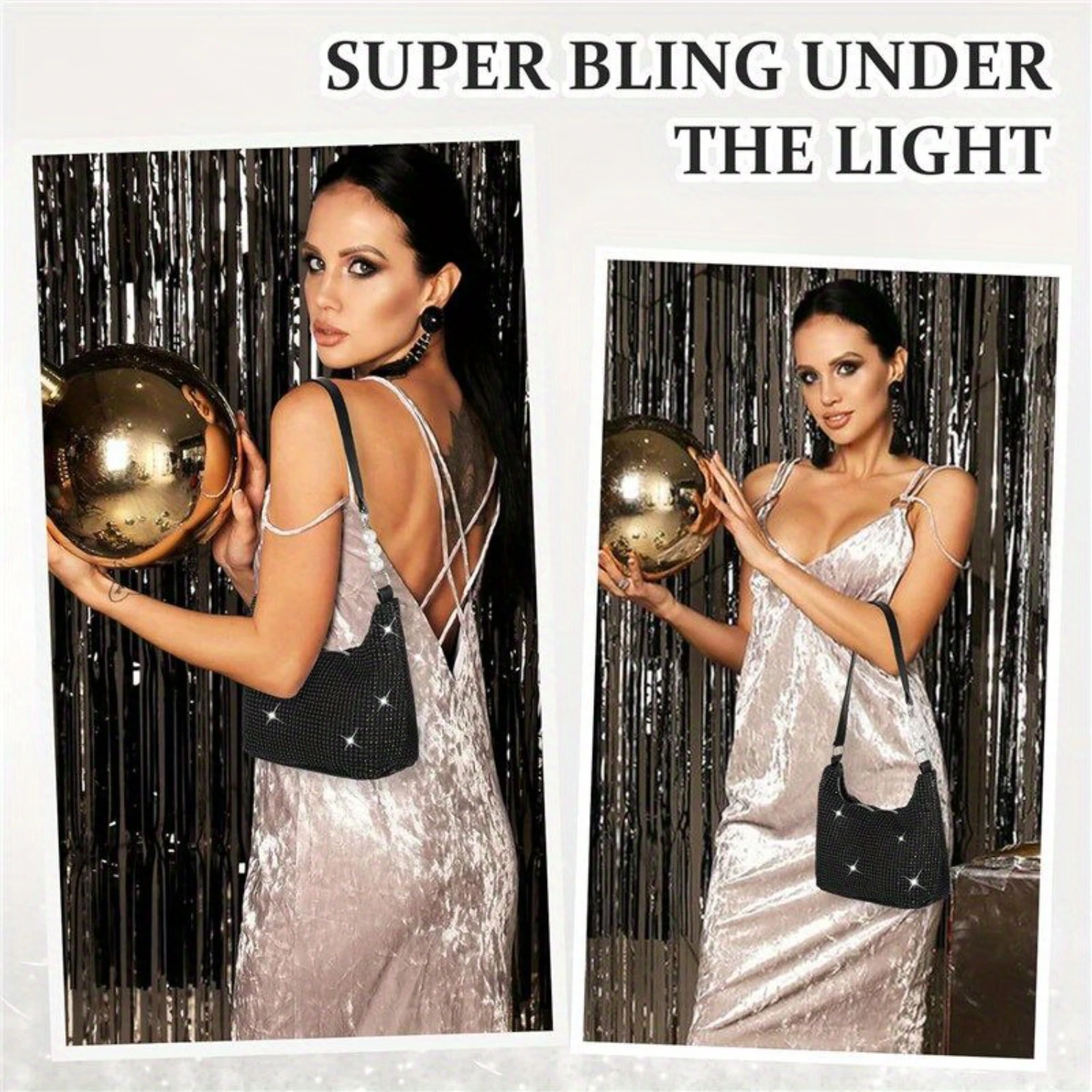 Women's Rhinestone Evening Clutch Bag - Sparkly Shoulder Handbag - Elegant Armpit Bag