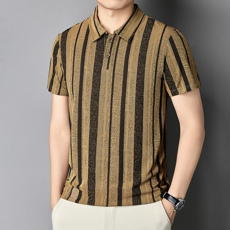 Herren Strukturierte Vertikal Gestreifte Kurzarm-Poloshirts Lässige Business-Oberteile Atmungsaktiv Knitterfrei Sommerkleidung – Detail 22